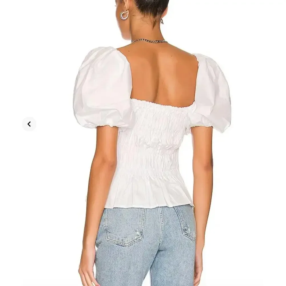 ASTR White Smocked Puff Sleeve Peplum Top Square Neck Size Large